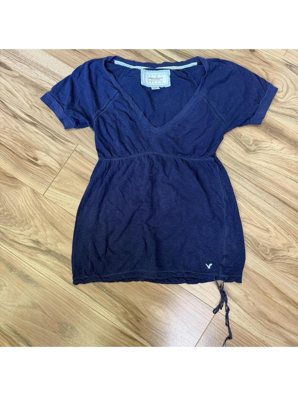 American Eagle Navy Babydoll Top XS Empire Waist V-Neck Lace Trim Y2K Cotton